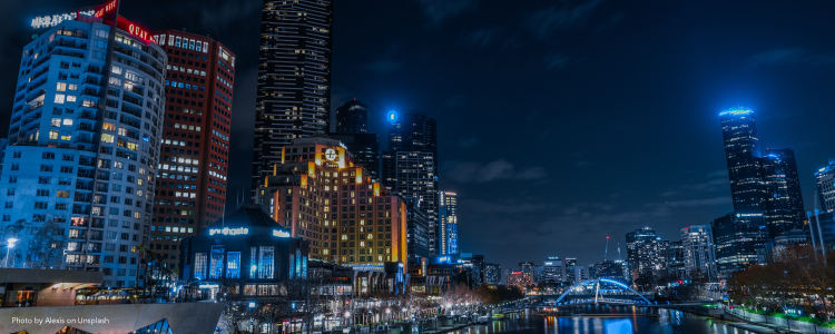 perfect view of skyline and Yarra River in Melbourne CBD at night