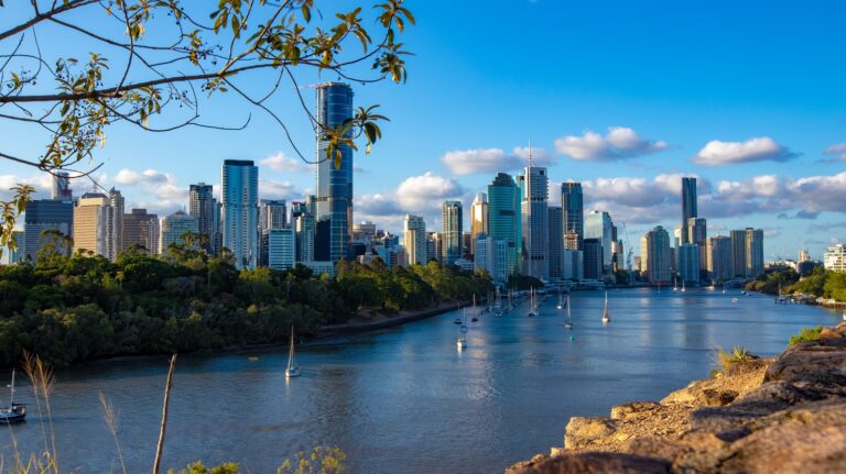 Brisbane River flowing through the city of Brisbane, Australia, with buildings lining its banks